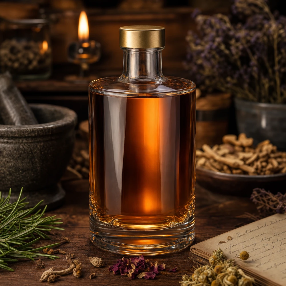 375ml Glasflasche Sam mit Schraubverschluss gold gefüllt mit bernsteinfarbener Flüssigkeit rustikale Kräuter Szenerie