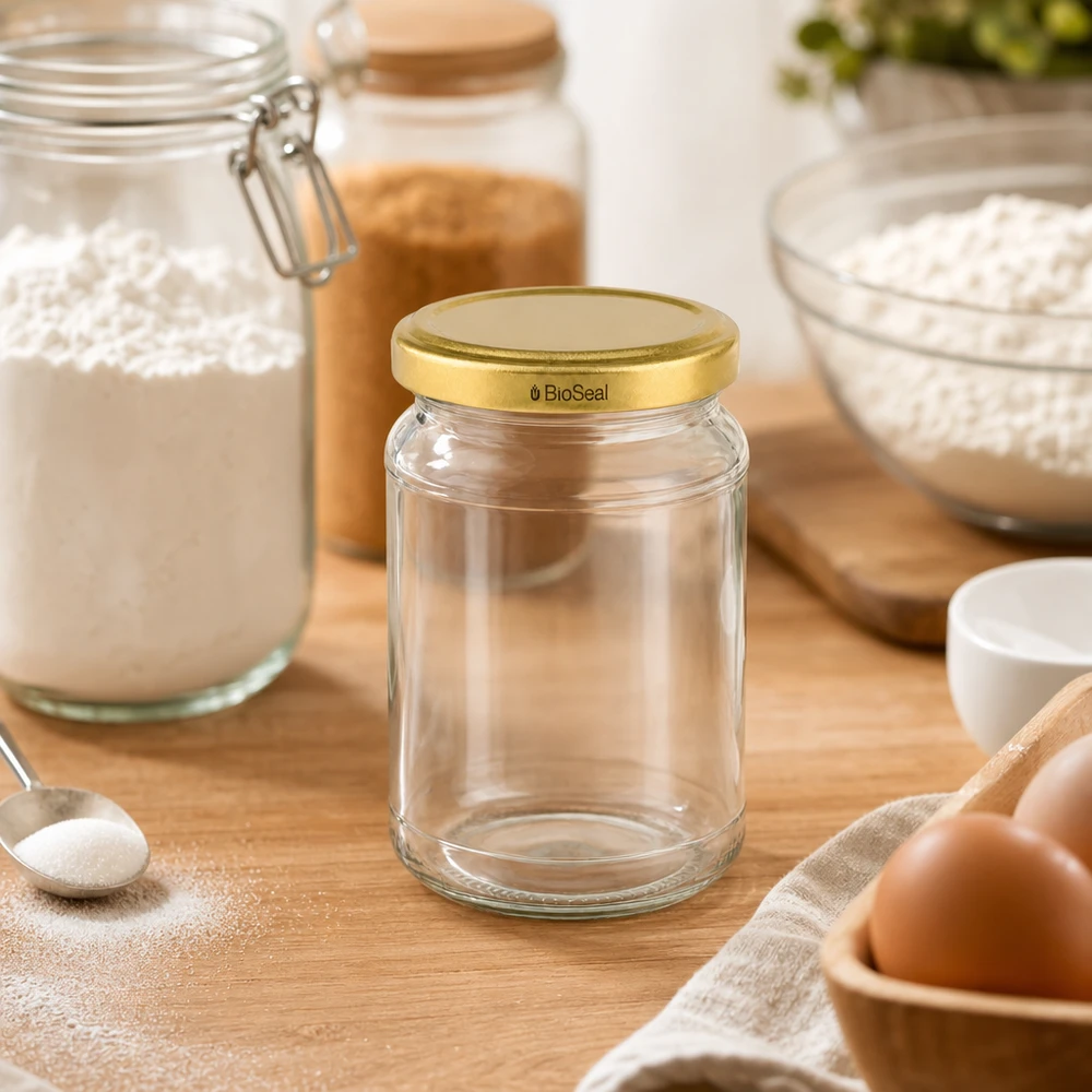 Kulatá dóza o objemu 205 ml se zlatým víkem UNiTWIST BioSeal. UNiTWIST Runda205 leeres Glas in Küchenumgebung mit Mehl Eiern TO58 BioSeal Golddeckel Vorratsglas Backzutaten