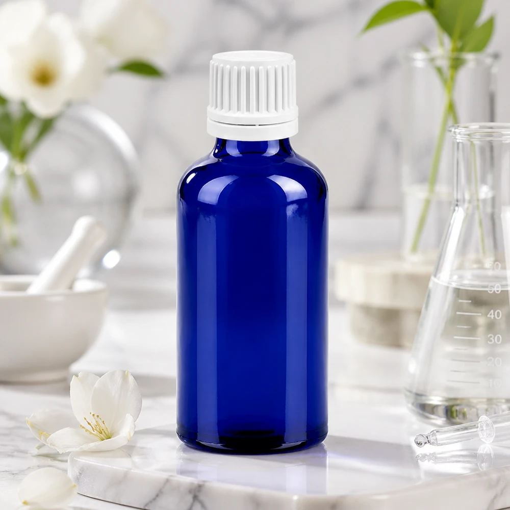 50ml lahvička s kapátkem 0,7 mm bílá s uzávěrem proti neoprávněné manipulaci BlueLine UT18/50. 50ml OV BlueLine Glasflasche mit ergonomischem Design und tropffreiem Verschluss