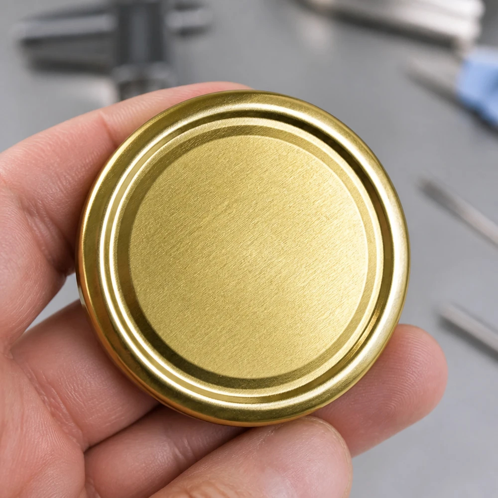 100mm víko BasicSeal zlaté (TO100) UNiTWIST Detailní záběr na ručně nasazované kulaté víčko Twist-Off o průměru 100 mm, zlaté, TO100 BasicSeal UniTwist
