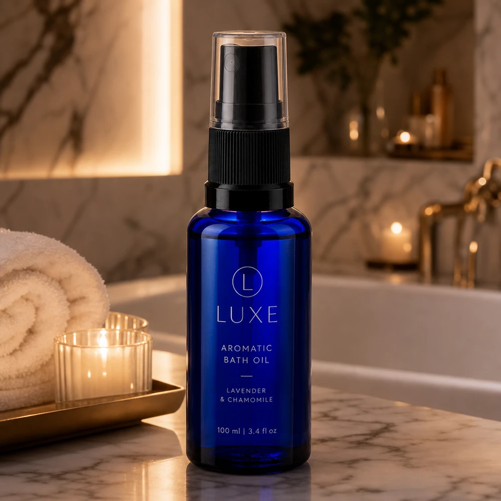 Lékárenská lahvička modrá 30ml s rozprašovacím víčkem černá Zylindrische blaue 30ml Apotheker-Sprühflasche aus Glas mit transparenter Verschlusskappe