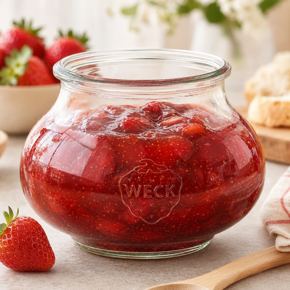 560ml dóza na šperky WECK RR80 s dřevěným dřevem WECK Schmuckglas RR80 560ml mit hausgemachter Erdbeermarmelade und Holzlöffel auf Küchenarbeitsfläche