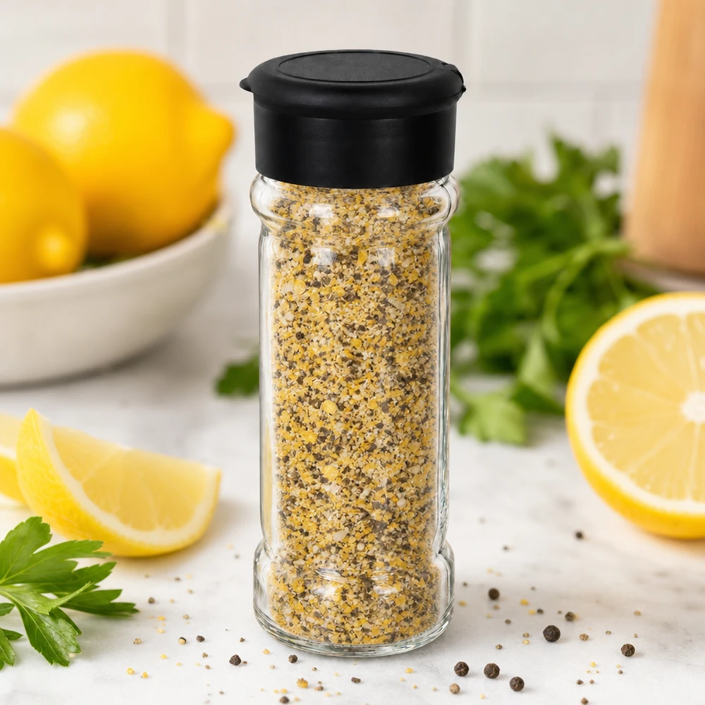 Dóza na sůl/koření 100ml s mlýnkem Vario černá Gefülltes Salz-Streuglas 100ml aus Glas mit schwarzem Deckel neben Zitronenscheiben