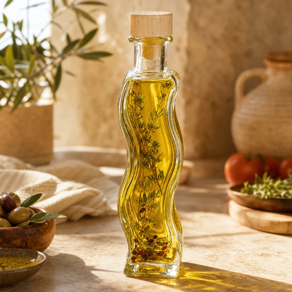 100ml Glasflasche Melissa mit Kräuteröl gefüllt Rosmarinzweige mediterrane Küche Olivenöl Holzkorken Gewürzöl