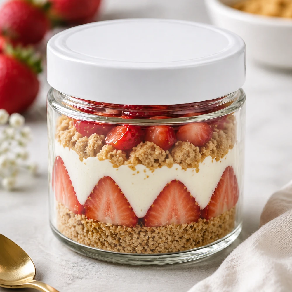 135ml kulatá sklenice + víčko BasicSeal bílé hluboké UNiTWIST 135ml Rundglas BasicSeal Deckel weiß Dessertglas Schichtdessert Erdbeeren Sahne Crumble Tiramisu Nachtisch