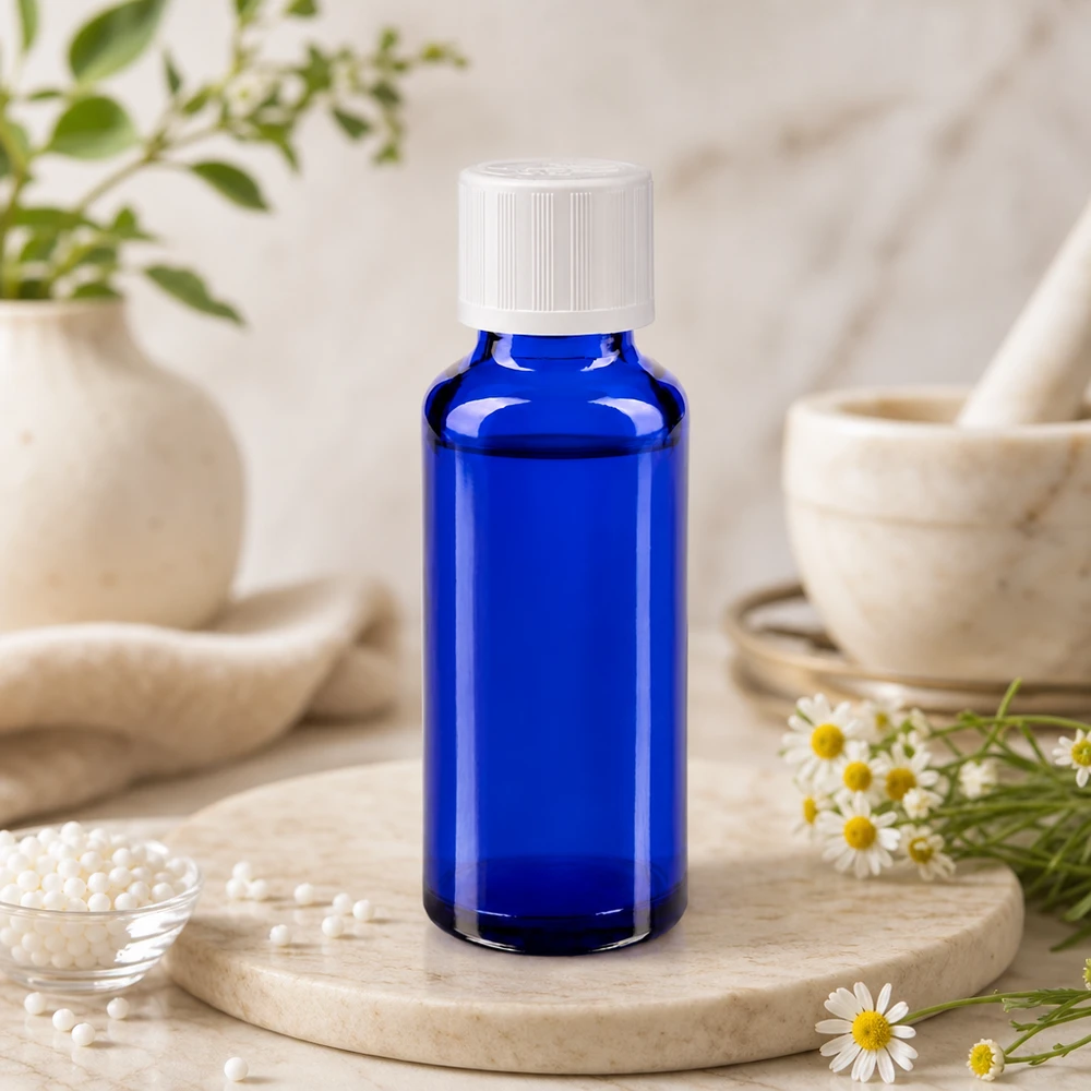Lichtschutzflasche aus blauem Glas 30ml mit kindersicherem Verschluss und Kamillen