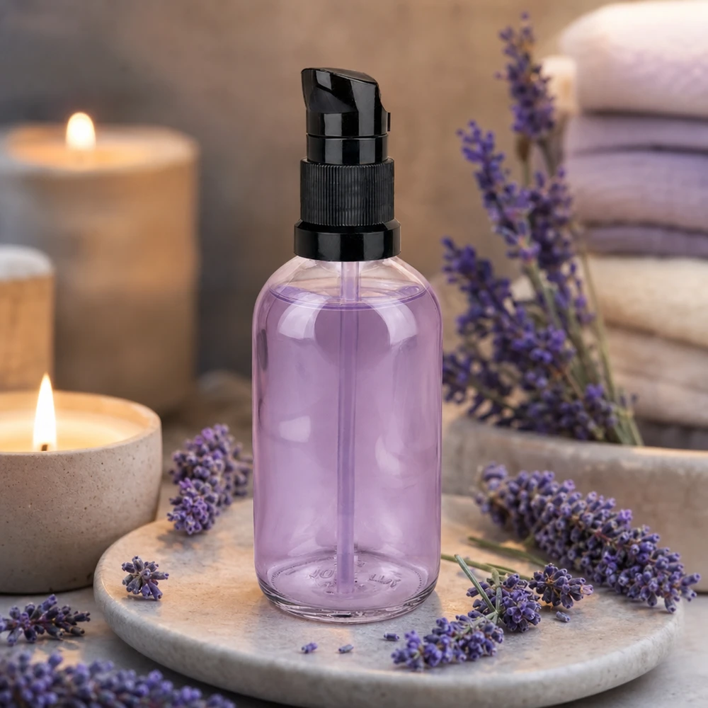 100ml láhev s pumpičkou černá standardní uzávěr ClearLine UT18/100 100ml Apothekerflasche ClearLine mit schwarzem Pumpverschluss lila Flüssigkeit Wellness