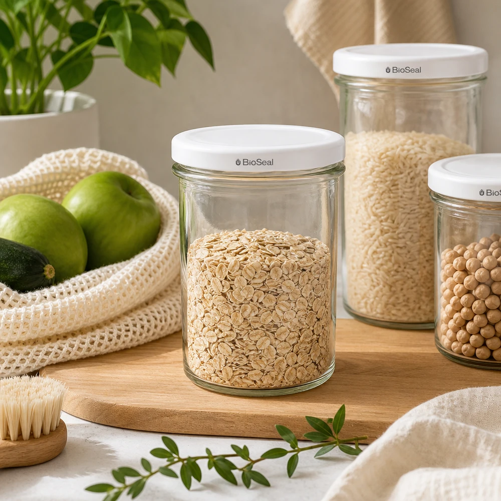 Tumbler o objemu 350 ml s bílým víkem UNiTWIST BioSeal. UNiTWIST Sturz350 Vorratsgläser mit TO82 BioSeal in nachhaltiger Zero-Waste Küche für plastikfreie Aufbewahrung