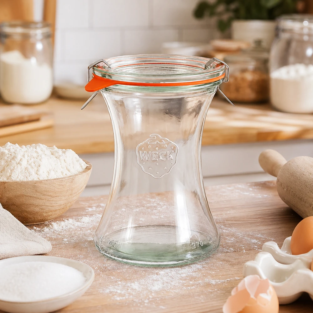 370ml lahůdková sklenice kompletní WECK RR80 WECK Delikatessenglas 370ml RR80 leer in Küche mit Backzutaten Mehl Eier Holzutensilien Küchenambiente