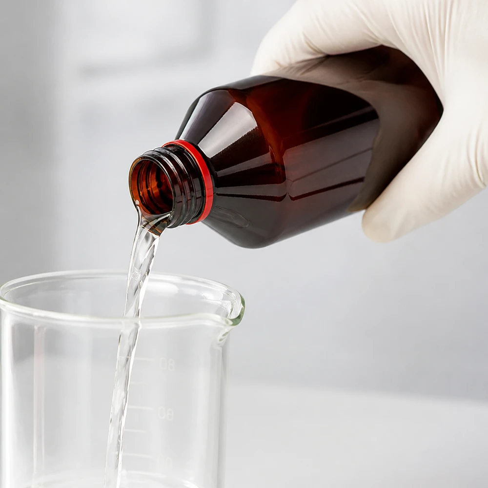 Laborant nalévá čirou kapalinu z hnědé 1000ml PET láhve s červeným uzávěrem do kádinky
