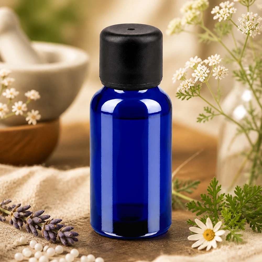 20ml láhev 6mm šroubovací uzávěr černá Standard BlueLine UT18/20 Vielseitige 20ml Glasflasche mit 6mm Öffnung und schwarzem Verschluss für Aromatherapie
