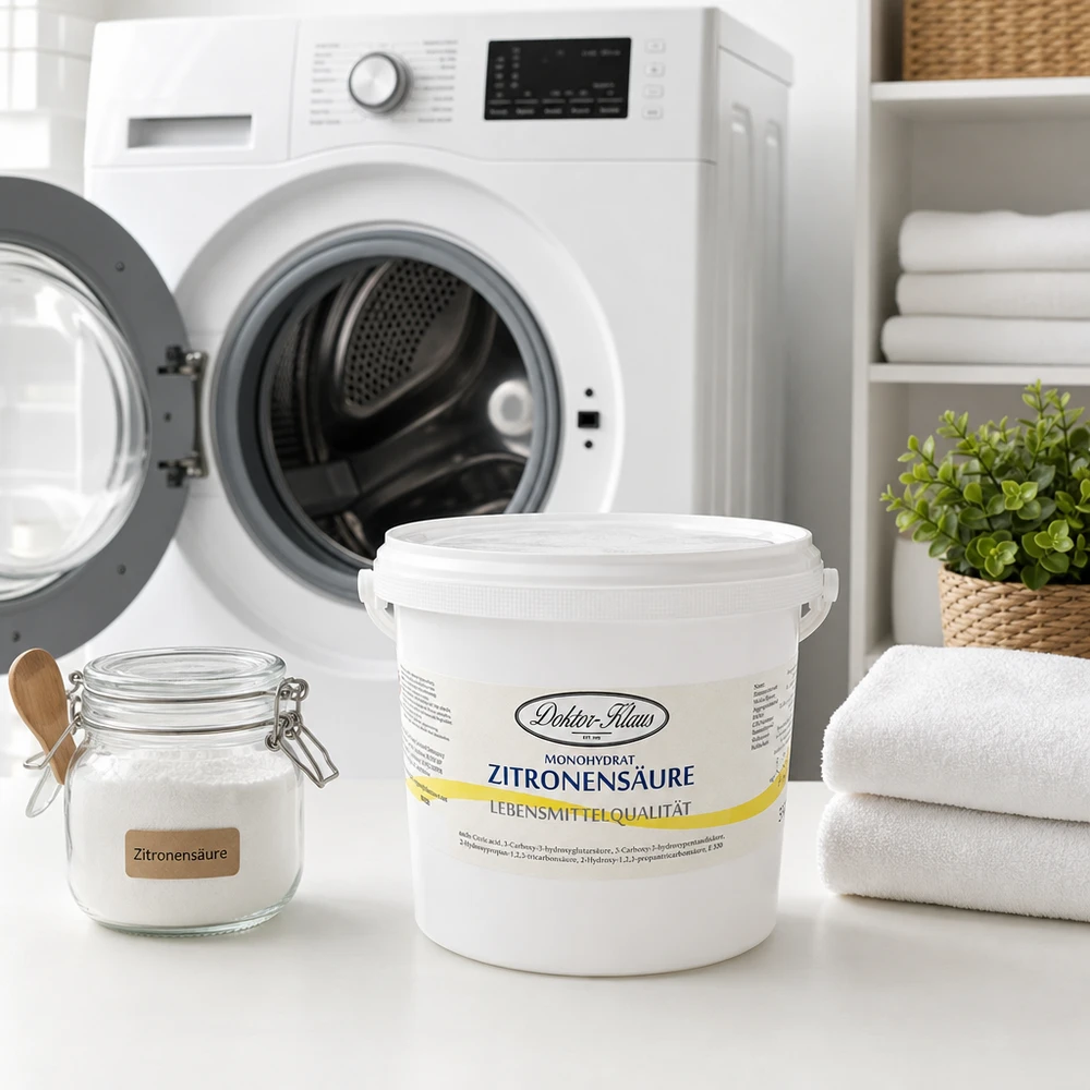 Kyselina citronová 5kg Doktor-Klaus Zitronensäure 5kg Doktor-Klaus Großpackung neben weißen Handtüchern für optimale Wäschehygiene