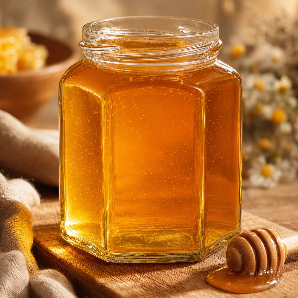 Šestihranná sklenice o objemu 288 ml bez víčka (TO63) UNiTWIST UNiTWIST Hexa288 sechseckiges Honigglas 288ml TO63 mit goldenem Honig gefüllt auf Holztisch mit Honiglöffel