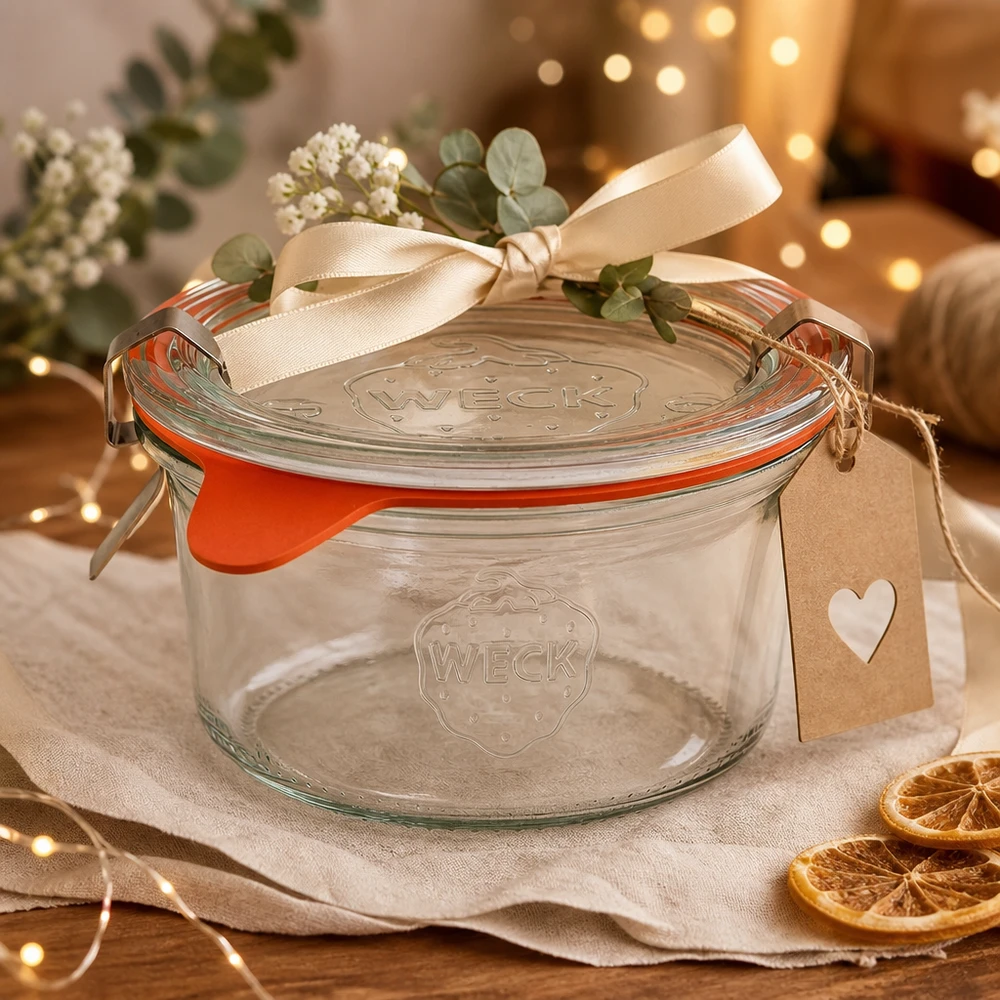 Kompletní 165ml tumble nádoby WECK RR80 s čerstvým freshem. WECK Sturzglas 165ml RR80 als Geschenk dekoriert mit Schleife, Anhänger und Blumen auf festlichem Tisch