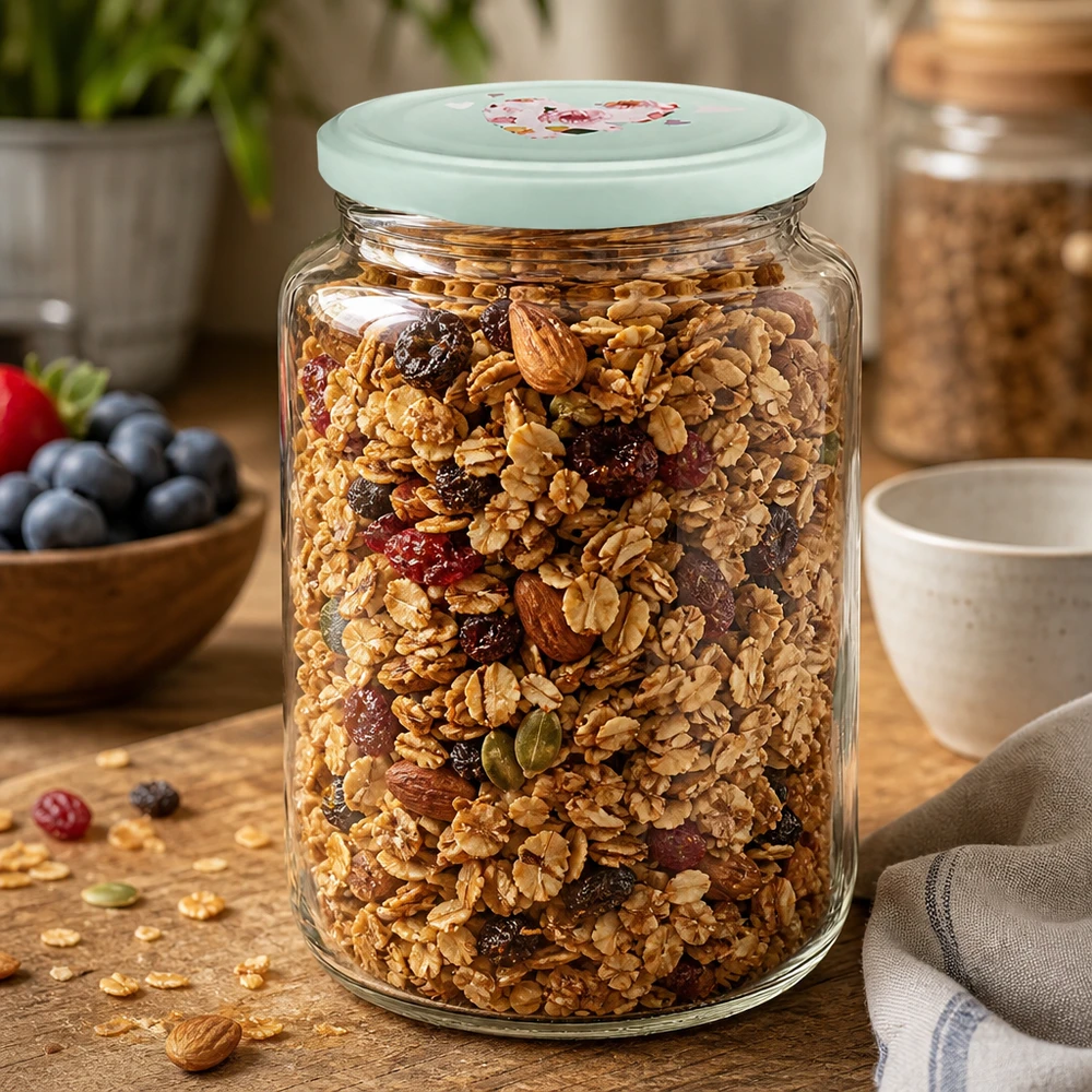 795ml kulatá sklenice + víčko BasicSeal srdíčková máta UNiTWIST 795ml Rundglas gefüllt mit Müsli und Nüssen zeigt mint Herzdeckel als praktisches Vorratsglas für Cerealien