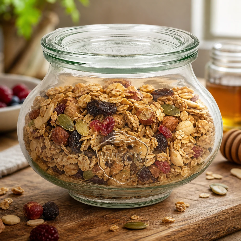 WECK Schmuckglas 560ml RR80 mit hausgemachtem Müsli Nüssen Trockenfrüchten als Vorratsdose auf Holztisch