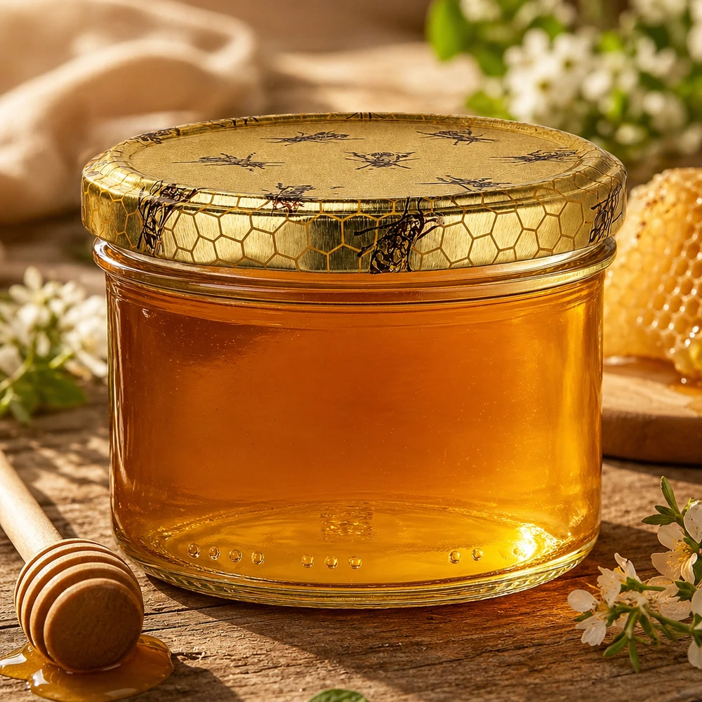 300g Honigglas mit goldenem Bienenmotiv-Deckel gefüllt mit naturreinem Honig neben Waben und Honigstab
