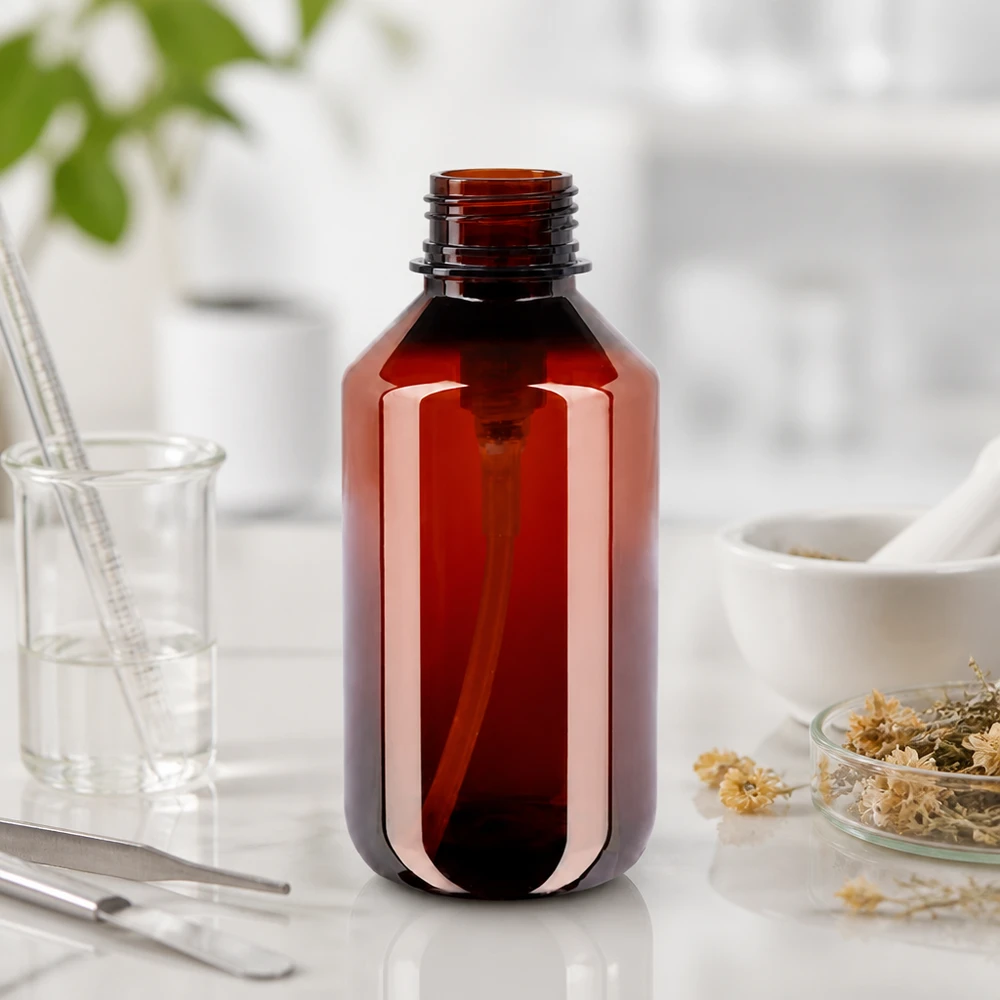Stabile bernsteinfarbene PET Dosierflasche 200ml mit weitem Hals und Schraubverschluss