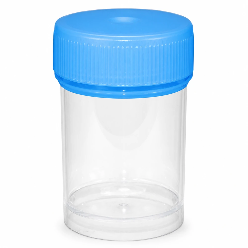 Univerzální plastová dóza (pato jar) 20 ml Průhledná plastová nádobka o objemu 20 ml s modrým šroubovacím víčkem jako nádoba na lékařské vzorky