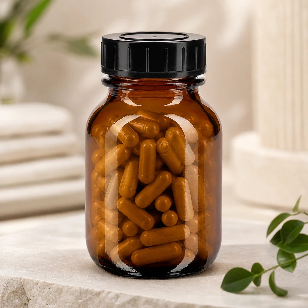 50ml láhev s širokým hrdlem z jantarového skla se šroubovacím uzávěrem. Bernsteinfarbene Weithalsflasche 50ml aus lichtundurchlässigem Glas mit sicherem Verschluss
