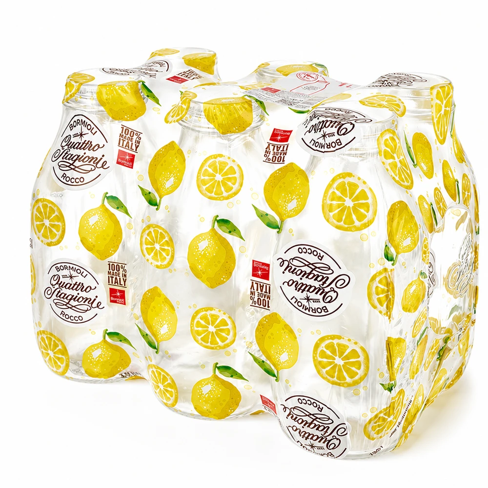 1000ml skleněná láhev "Quattro Stagioni" s víčkem 6er Pack Quattro Stagioni Glasflaschen 1000ml in Folie verpackt, Bormioli Rocco Milchflaschen mit Zitronenmotiv