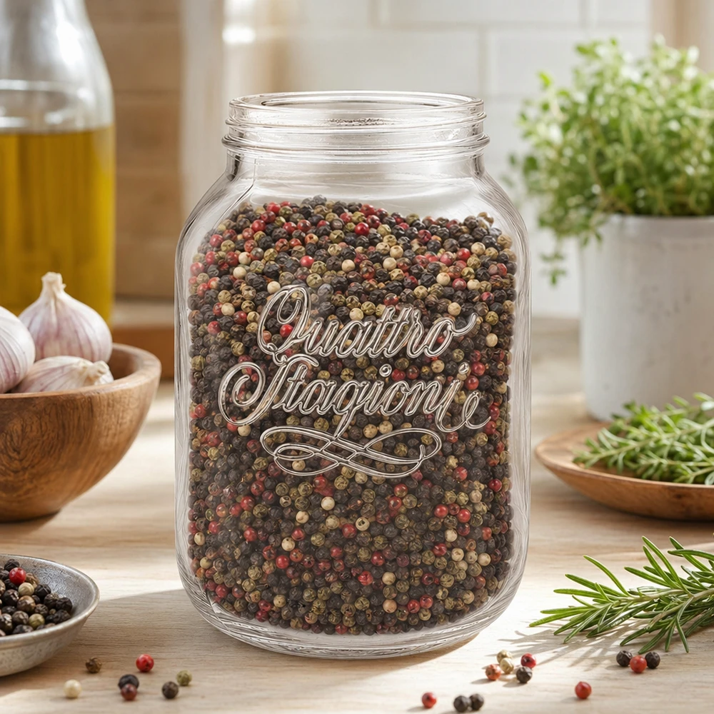 3000ml kulatá sklenice "Quattro Stagioni" QS110mm 3000ml Haushaltsglas Quattro Stagioni gefüllt mit bunten Pfefferkörnern in moderner Küche mit Kräutern und Gewürzen