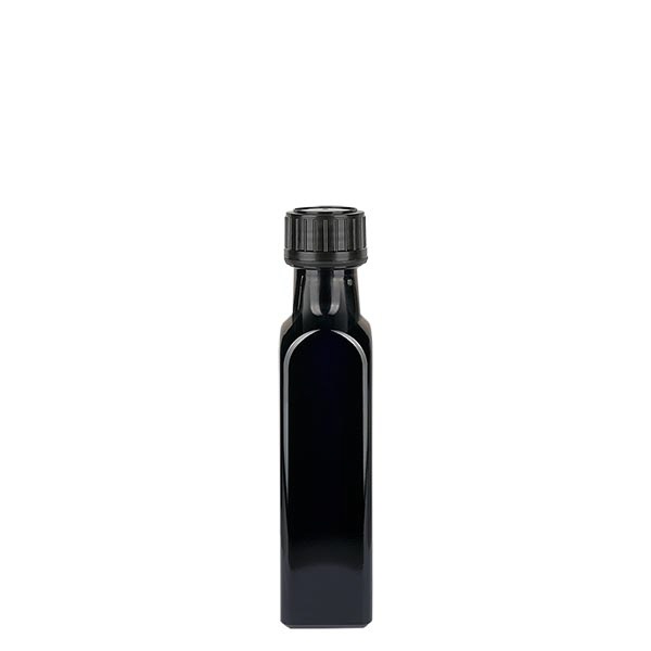Čtvercová láhev z fialového skla 250ml (láhev na olej), UNI 10155 31,5x24, včetně černého šroubovacího uzávěru 103574 Čtvercová láhev z fialového skla 250ml (láhev na olej), UNI 10155 31,5x24, včetně černého šroubovacího uzávěru 103574