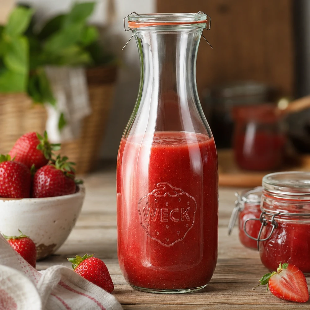 1062ml láhev na šťávu kompletní WECK RR60 WECK Saftflasche 1062ml RR60 gefüllt mit rotem Erdbeersaft in Küche mit frischen Erdbeeren dekorativ arrangiert