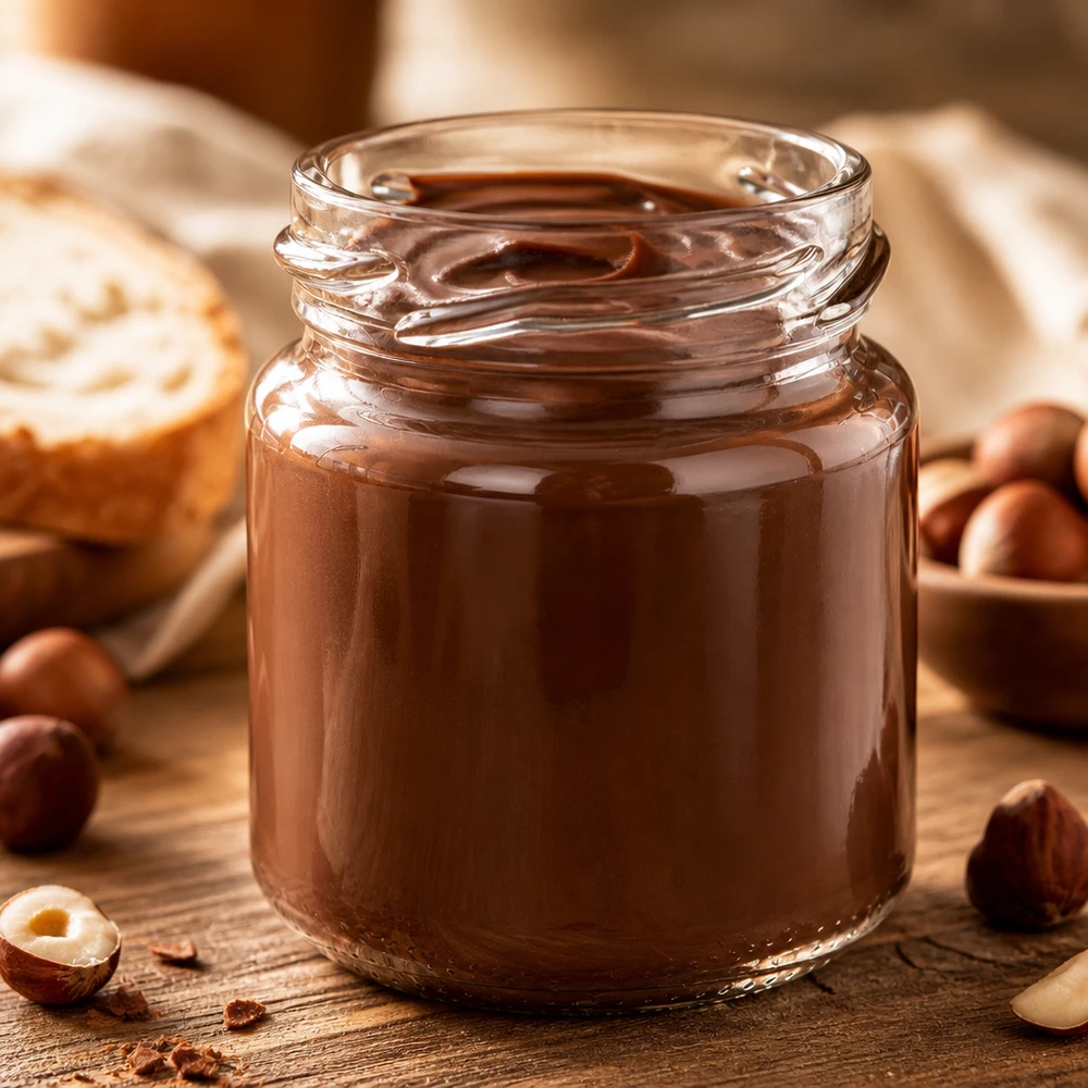 Kulatá dóza bez víčka o objemu 53 ml (TO43) UNiTWIST Runda53 – kulatá sklenice o objemu 53 ml, typ TO43, naplněná lesklým ořechovo-nugátovým krémem, vedle lískových ořechů na dřevěném stole