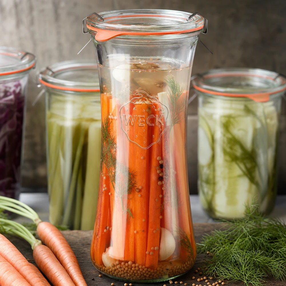 WECK Delikatessenglas 700ml RR80 mit eingelegten Karotten und Dill, fermentierte Gemüsekonserven in Einmachgläsern