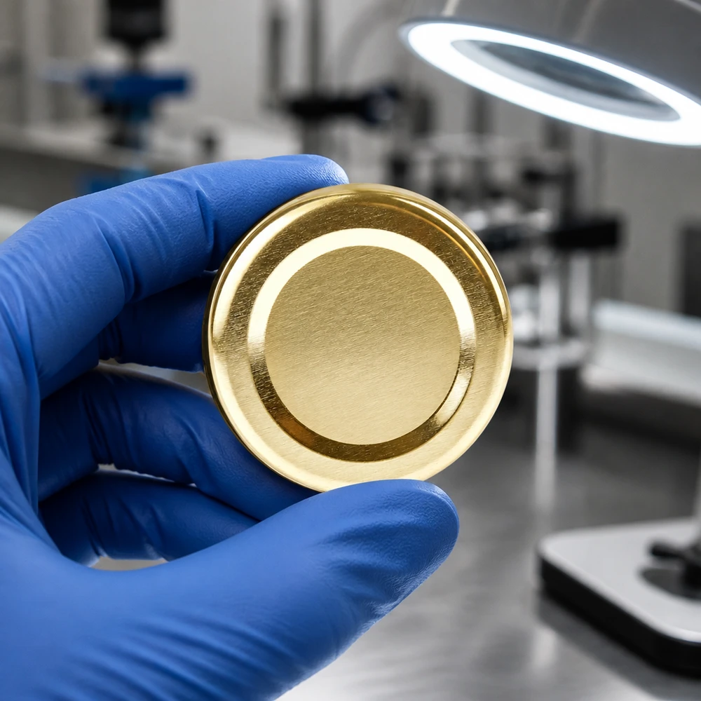 48mm víko BasicSeal zlaté (TO48) UNiTWIST Laboratorní snímek zlatého víčka BasicSeal 48 mm TO48 UniTwist pod kruhovým osvětlením