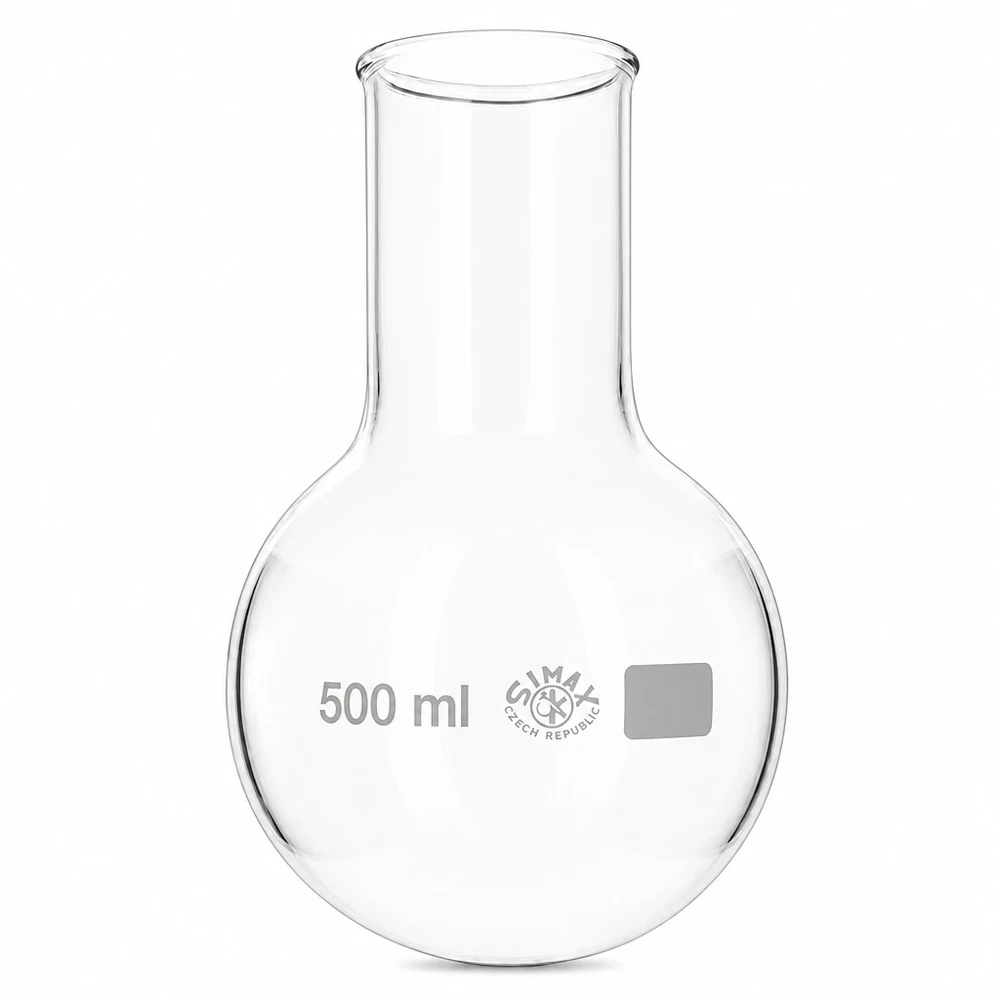 Baňka s kulatým dnem 500ml se širokým hrdlem Chemiekolben 500ml rund mit weiter Öffnung perfekt für Stoffgemische und Lösungen