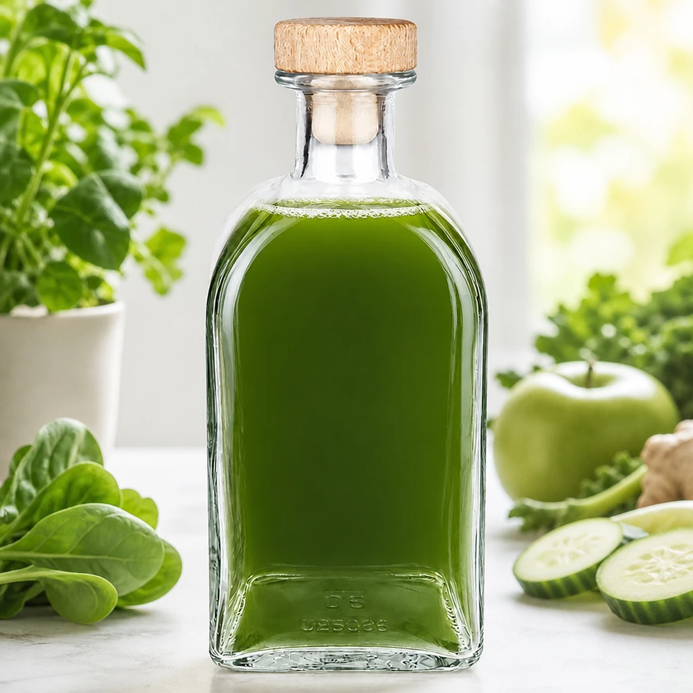 500ml Glasflasche "Julia" mit Holzgriff-Korken UNiTWIST 500ml Glasflasche Julia mit Holzkorken gefüllt mit grünem Smoothie umgeben von frischem Gemüse und Kräutern