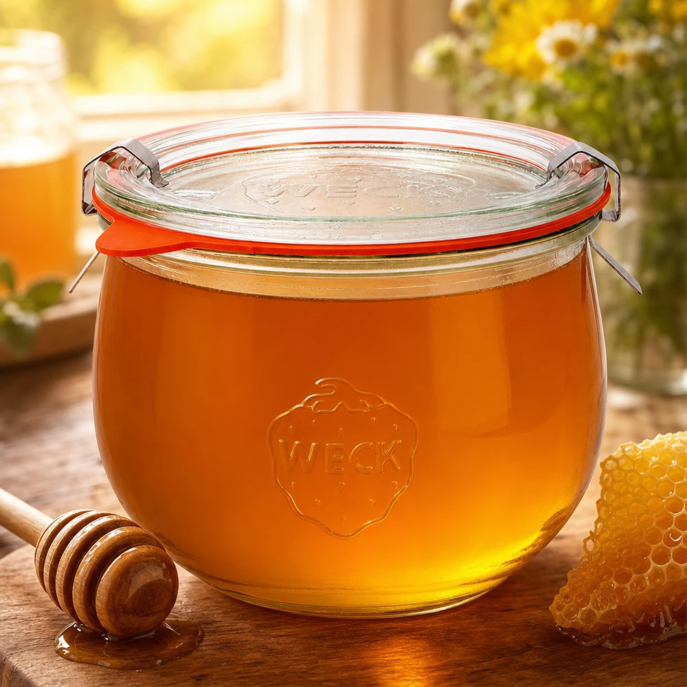WECK Tulpenglas 580ml RR100 mit goldenem Honig befüllt neben Honiglöffel und Wabe als natürliche Süßspeicher
