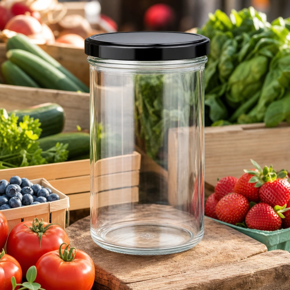 277ml Sturzglas leer transparent mit schwarzem Deckel umgeben von frischem Obst und Gemüse Einkochen Konservieren