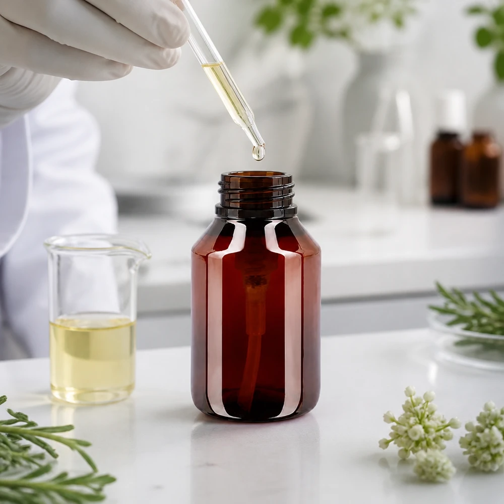 PET láhev 50ml s dávkovací pumpičkou bílá Bernsteinfarbene 50ml PET Apothekerflasche mit weisser Dosierpumpe für flüssige Kosmetikprodukte