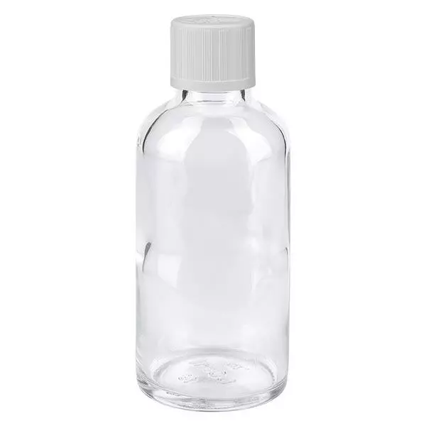 Lékárenská láhev čirá 50ml šroubovací uzávěr bílý standard odolný proti dětem.