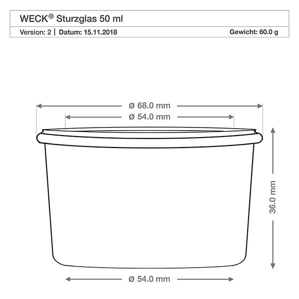 Sada 48 kelímků Weck 50 ml se 48 skleněnými víčky. WECK 50ml Sturzglas RR60 technische Zeichnung mit Maßangaben - Durchmesser 68mm, Höhe 36mm für Einmachgläser