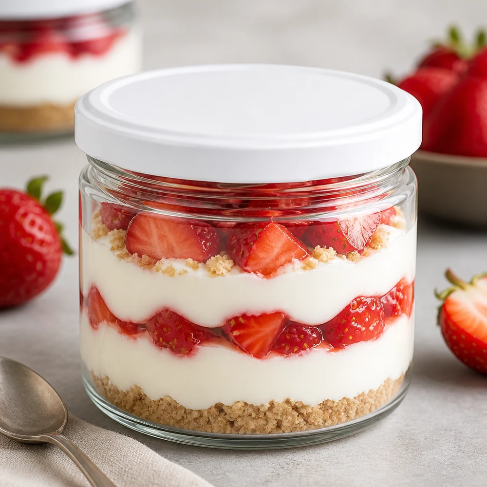 540ml kulatá sklenice s víčkem BasicSeal bílá UNiTWIST 540ml Rundglas BasicSeal weiß als Dessertglas mit Erdbeer-Tiramisu - stilvolles Portionsglas für Nachspeisen