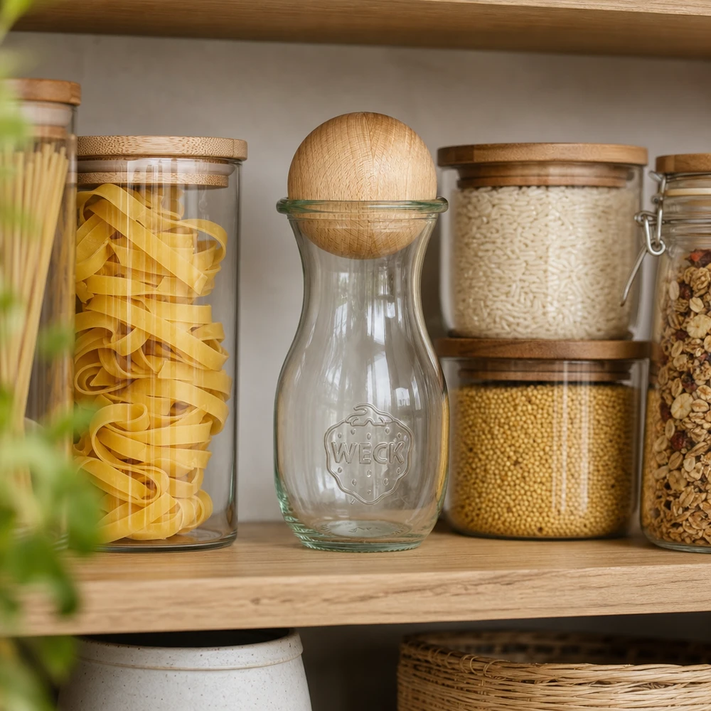 290ml láhev na džus WECK RR60 s dřevěnou kuličkou buk WECK Glasflasche 290ml RR60 mit Buchenkugel in organisierter Speisekammer zwischen Pasta-Gläsern und Vorratsbehältern