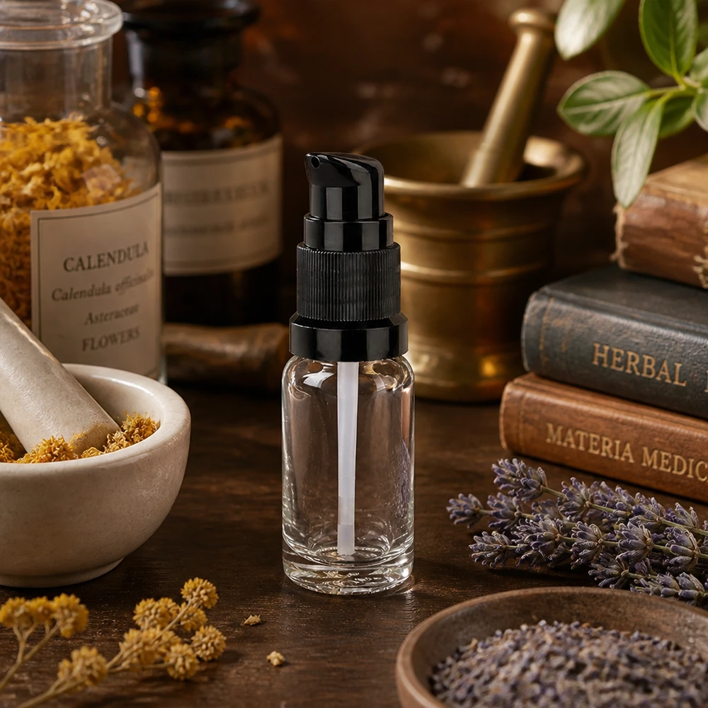 10ml lahvička s pumpičkou černá standardní uzávěr ClearLine UT18/10 Durchsichtige 10ml Flasche mit schwarzem Pumpaufsatz zwischen getrockneten Heilkräutern