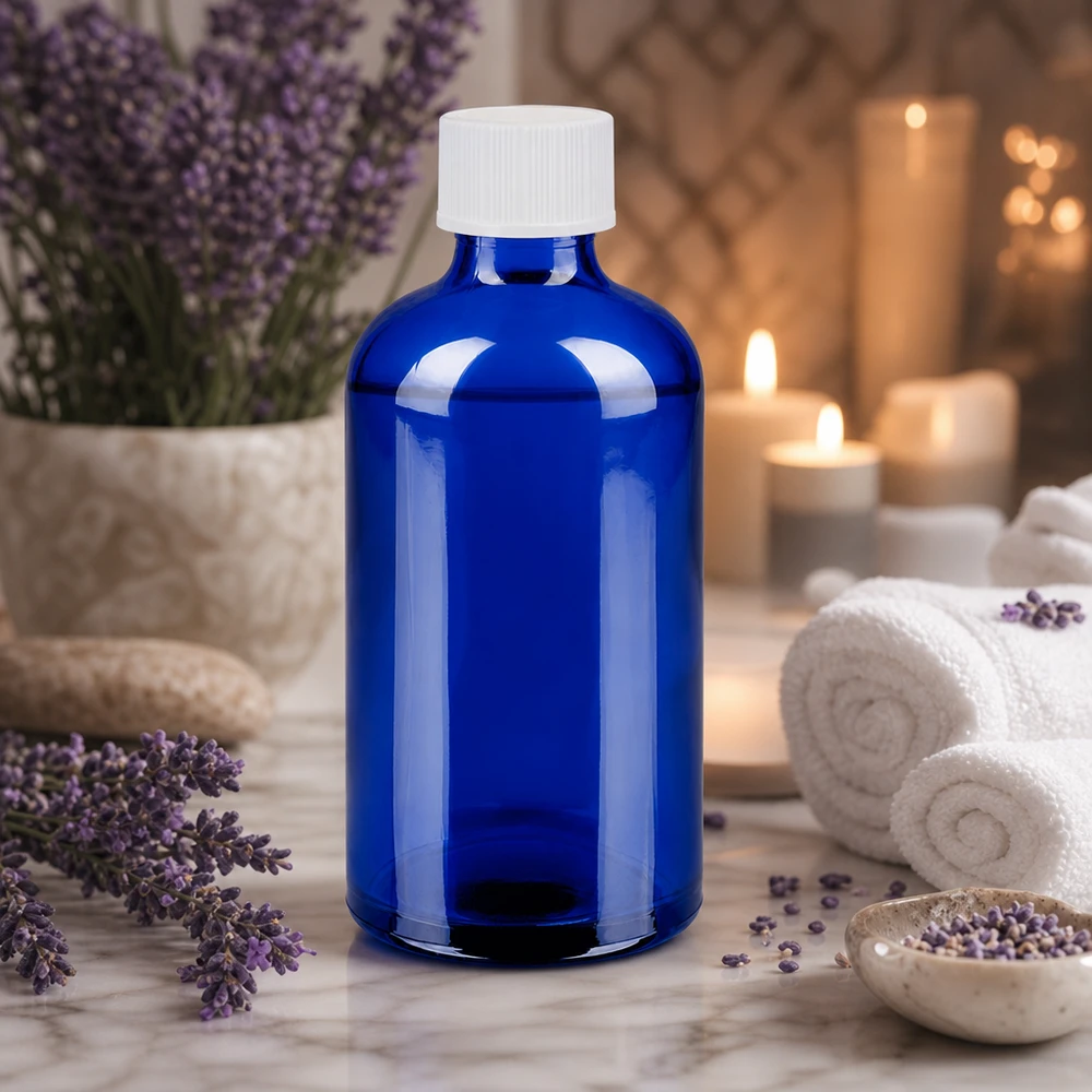 100ml láhev 11mm šroubovací uzávěr bílá Standard BlueLine UT18/100 Vielseitige 100ml blaue Glasflasche mit weißem Schraubverschluss für DIY-Projekte und Mischungen