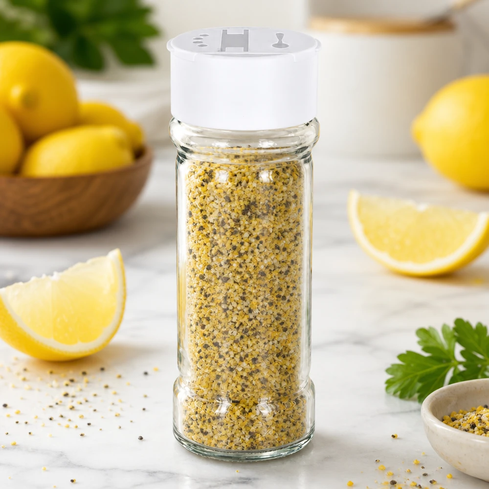 Dóza na sůl/koření 100 ml s dvojitým šejkrem bílá Nachfüllbares Gewürzglas 100ml mit Doppelstreuer für Salz-Pfeffer-Mischungen in Küchenumgebung