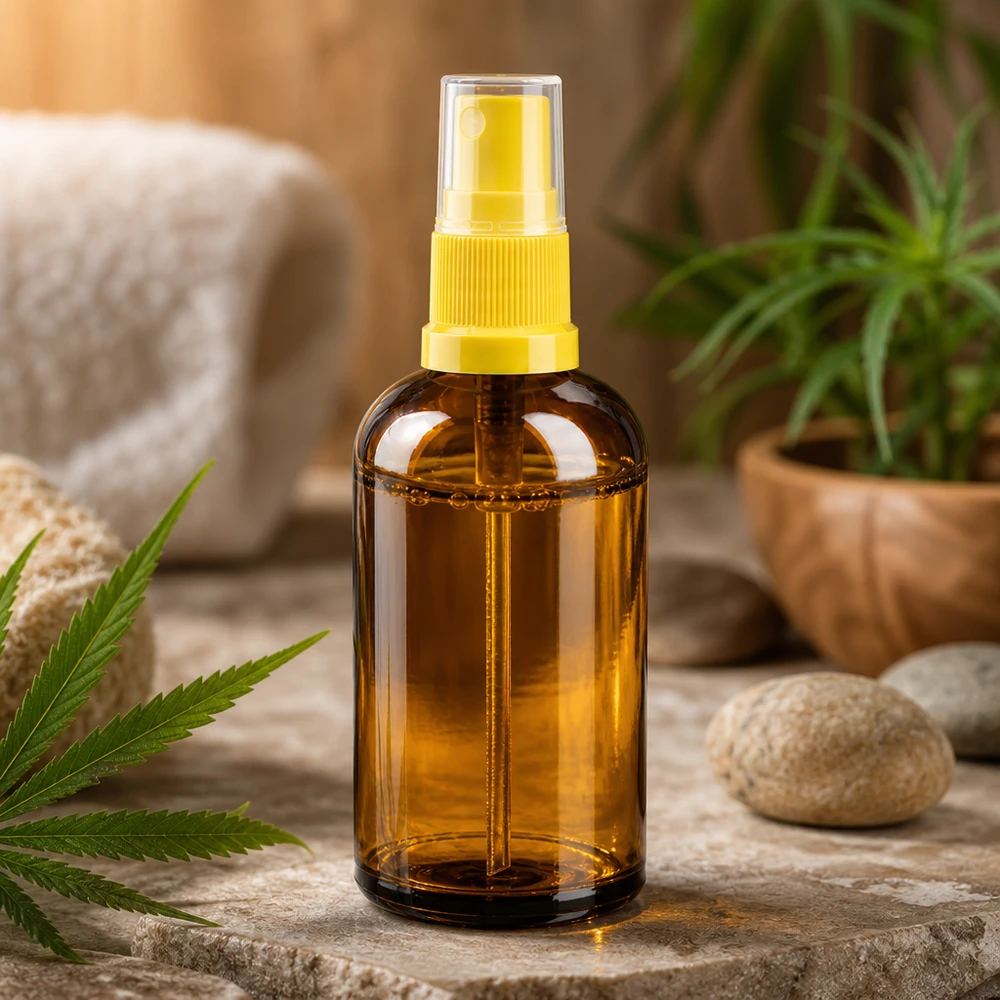 100ml lahvička s rozprašovačem žlutá/transparentní standardní uzávěr BrownLine UT18/100 Praktische 100ml Pumpsprayflasche aus Braunglas mit sicherem Verschluss für unterwegs