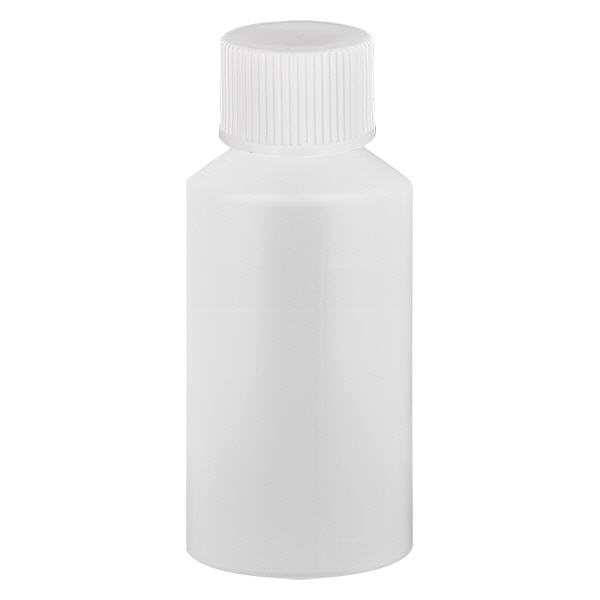 Lékárenská lahvička HDPE 50ml bílá, s bílým šroubovacím uzávěrem Lékárenská lahvička HDPE 50ml bílá, s bílým šroubovacím uzávěrem