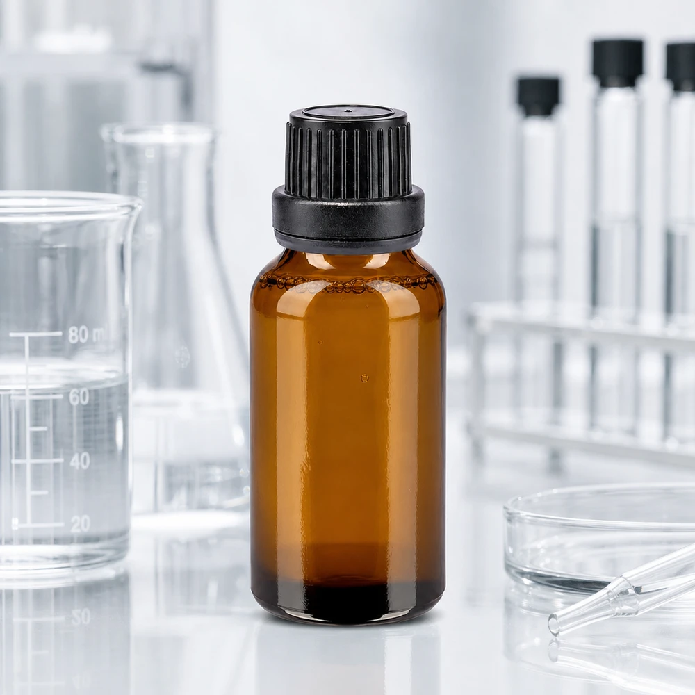 Lékárenská láhev hnědá 20ml šroubovací uzávěr černý tamper evidentní uzávěr. Klassische 20ml Medizinflasche aus Braunglas mit schwarzem Originalitätsverschluss schmal