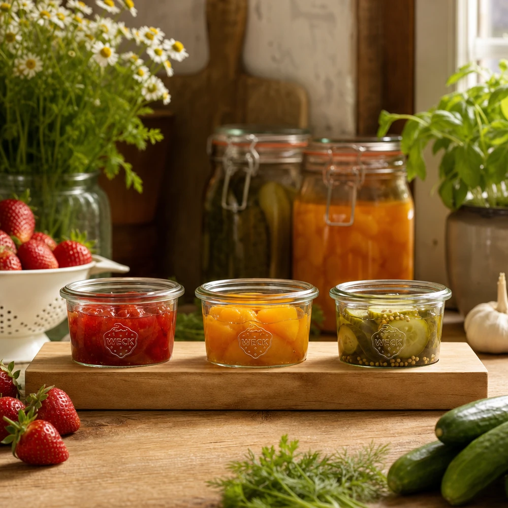 Servírovací prkénko Plano3 se 3 kelímky Weck o objemu 80 ml. Weck Sturzgläser 80ml mit bunten Marmeladen und Pickles auf Holz-Servierbrett in rustikaler Küche