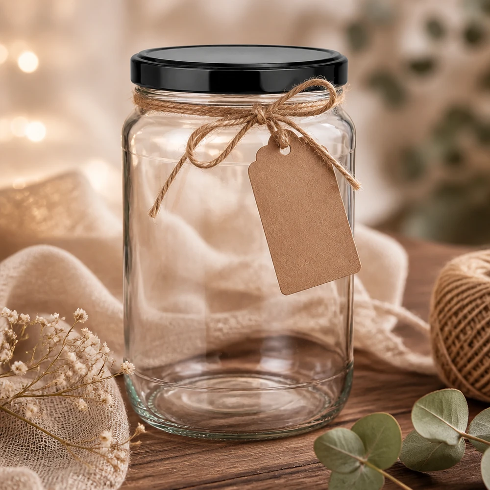 1700ml kulatá sklenice s víčkem BasicSeal černá UNiTWIST Leeres 1700ml Rundglas schwarzer BasicSeal Deckel Bastschnur Kraftpapier-Anhänger Geschenkverpackung Dekoration