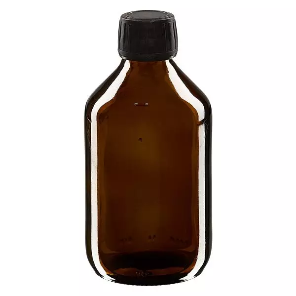 250ml lahvička na léky hnědá, černý uzávěr s kroužkem prokazujícím neoprávněnou manipulaci ApoGlas