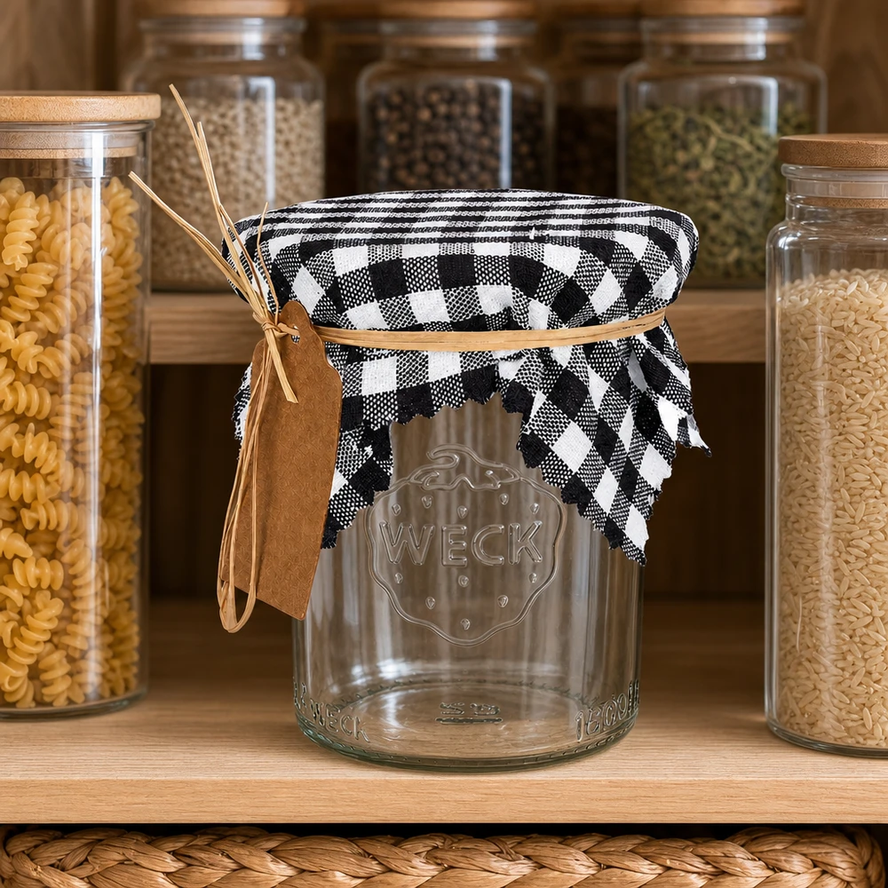 Látkový ubrousek na šperky kostkovaný černý 12cm čtvercový Kariertes Schmuckdeckchen schwarz-weiß 12cm auf Vorratsglas zwischen Pasta-Behältern, Landhausstil Küchendeko